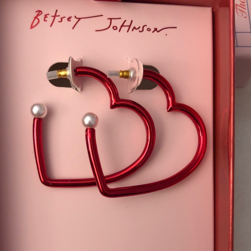 Betsey Johnson Love Spell Red Metallic Heart Hoop Earrings Faux Pearl NWT & Box